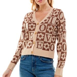 Ultra Flirt LOVE Brown and Tan LOVE V-Neck Cardigan Preppy Size M